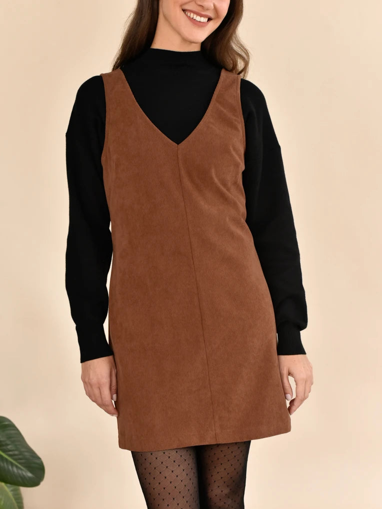 robe sans manches en velour côtelé cognac