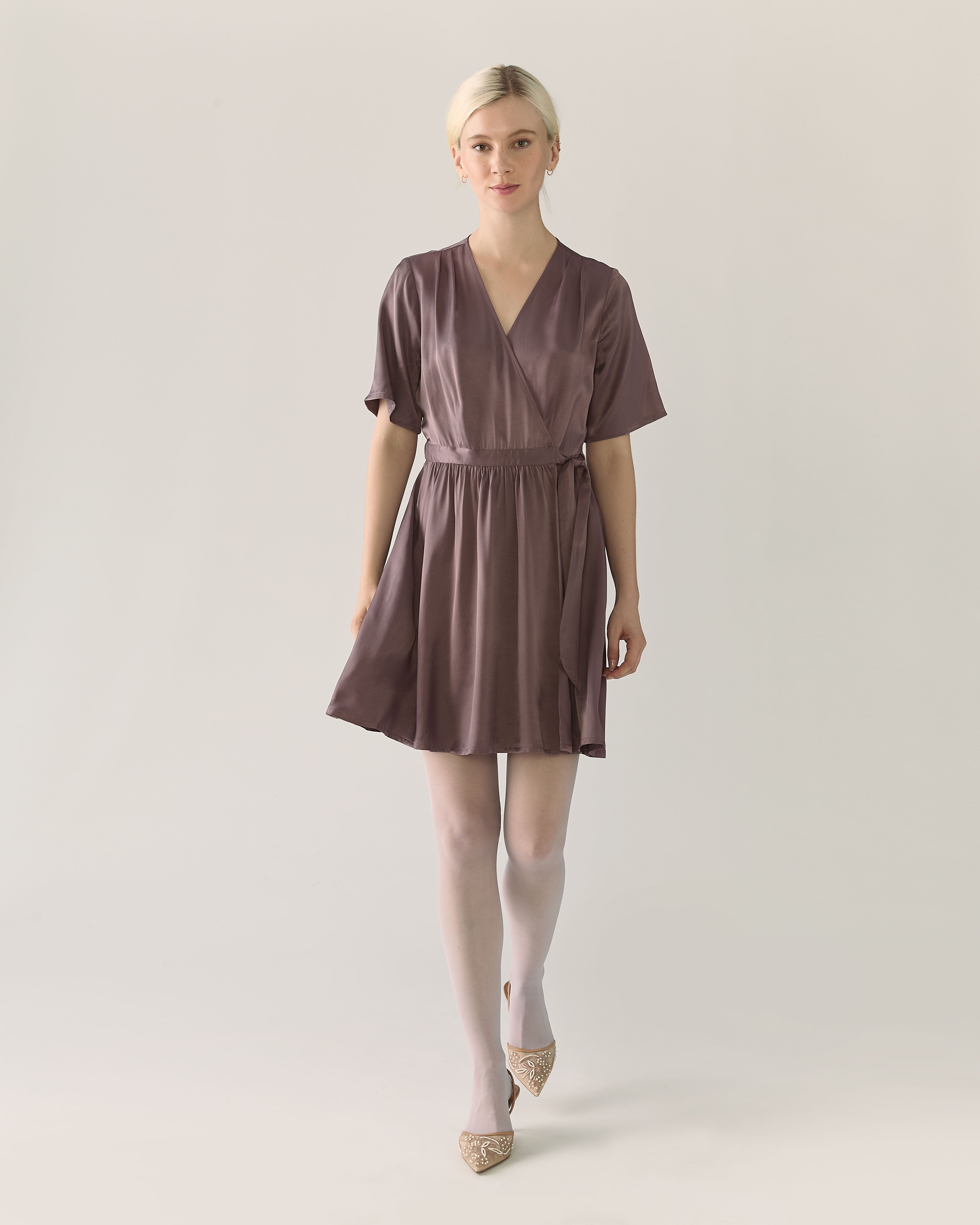 taupe satin dress Wrap Satin Dress in Deep Taupe – From Rachel