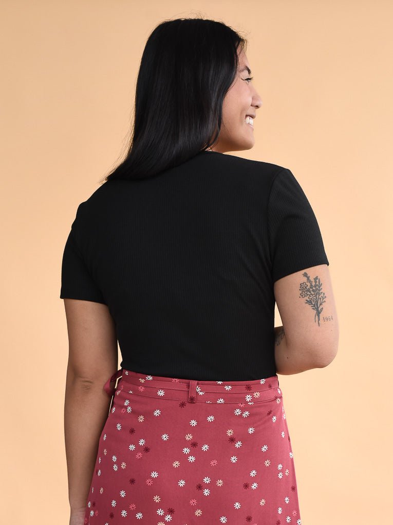 Rosa Black Ribbed V-Neck Top