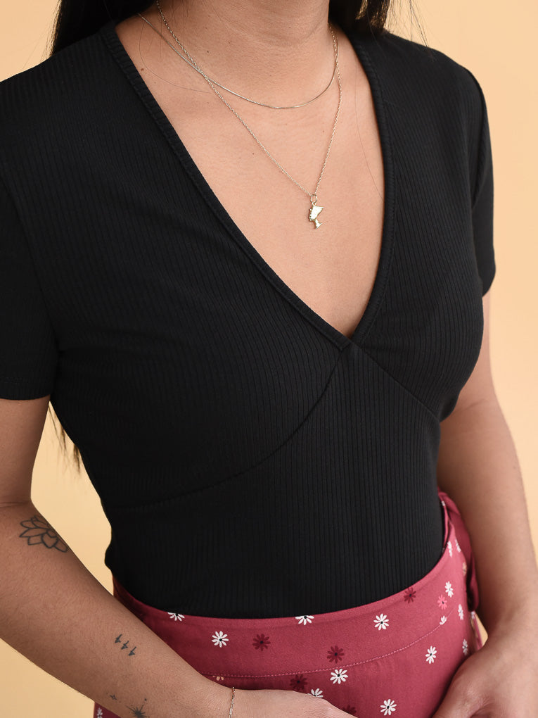 Rosa Black Ribbed V-Neck Top