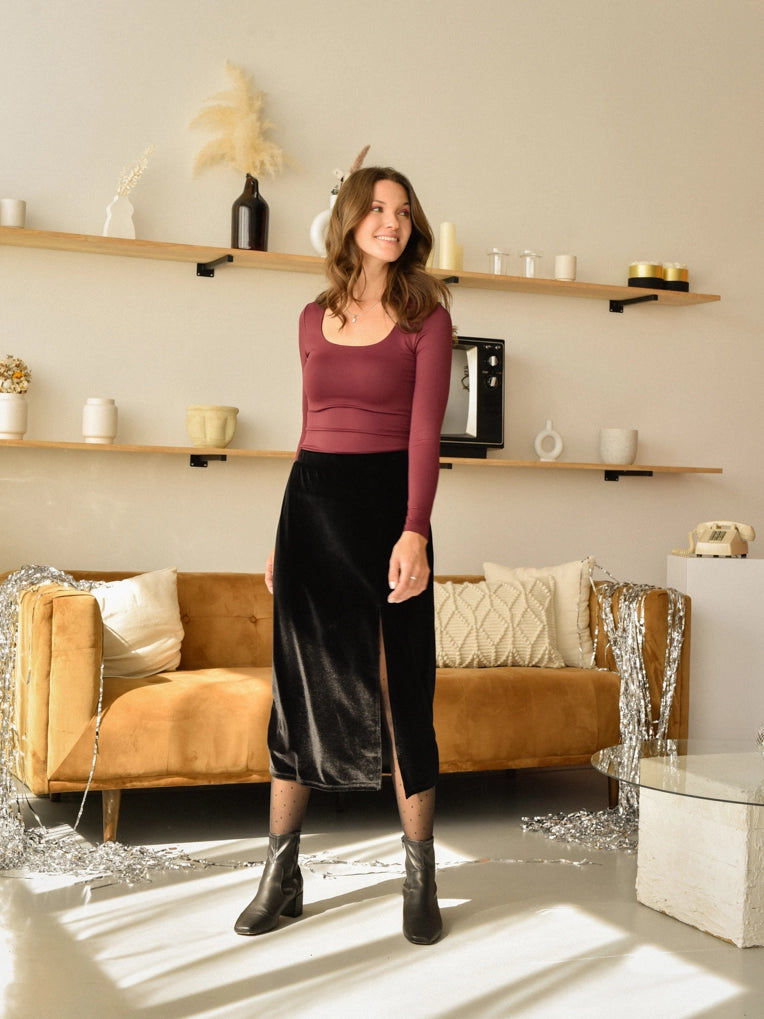 Black velvet skirt with slit
