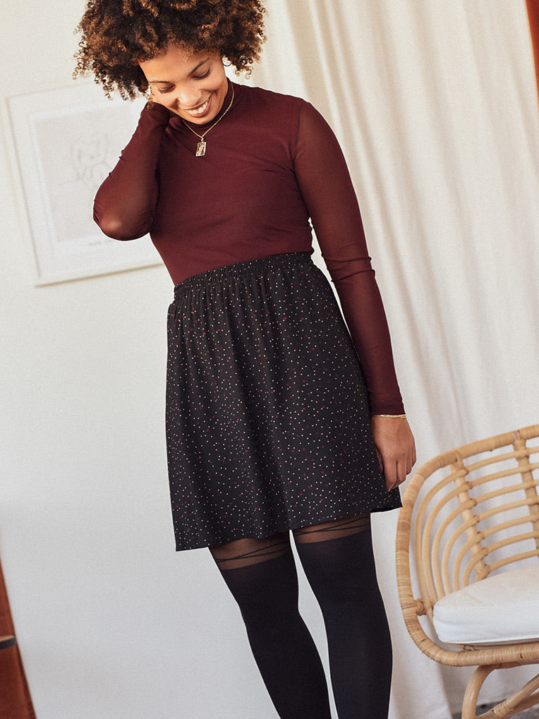 Black Mini Skirt with Dots & Leaves