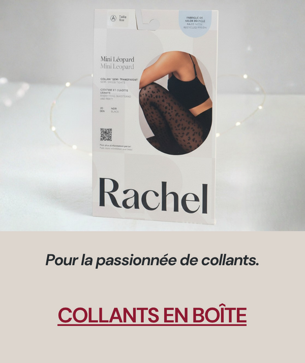 Package of 'Rachel' tights with a model wearing them on a light gray background.