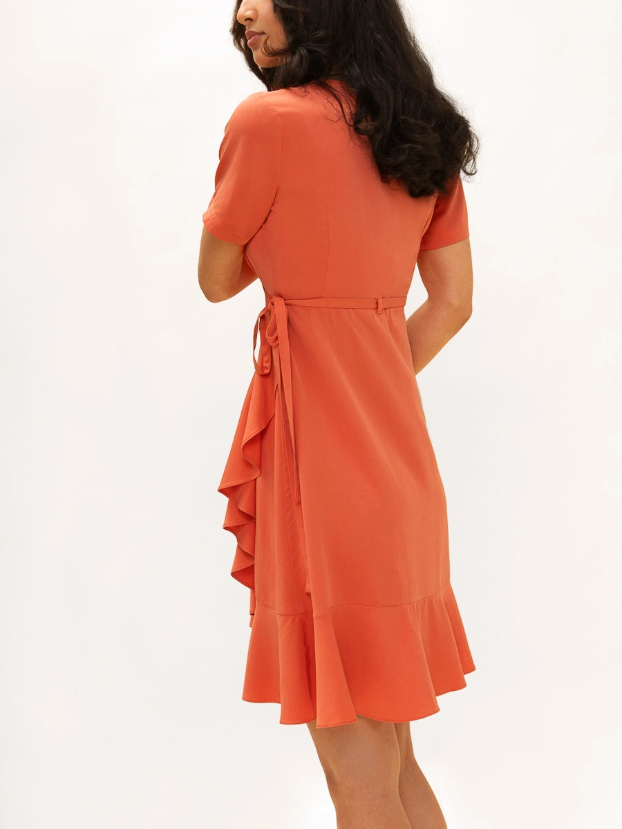 Carmen Ruffle Wrap Dress in Orange Spritz