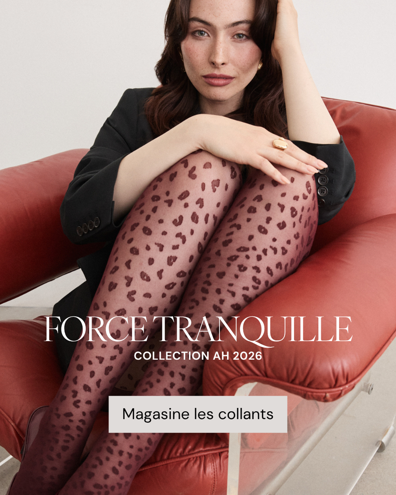 A woman seated on a red leather lounge chair wearing sheer leopard-print tights and a black blazer, with overlaid text reading 'FORCE TRANQUILLE COLLECTION AH 2026' and 'Magazine les collants'.