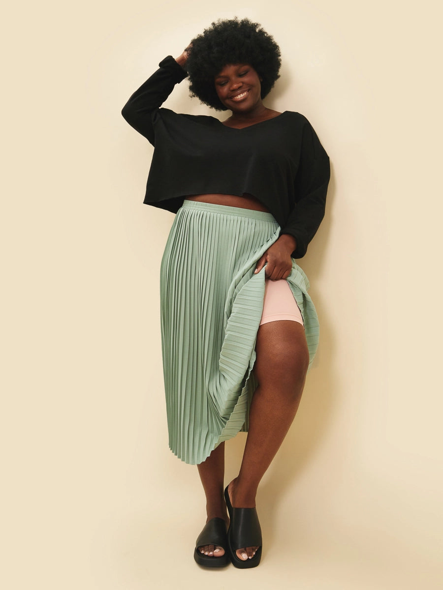 Midi pleated skirt sage green eco friendly recycled