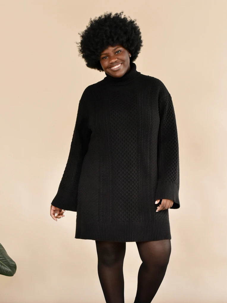 Ingrid Black Cable Knit Sweater Dress