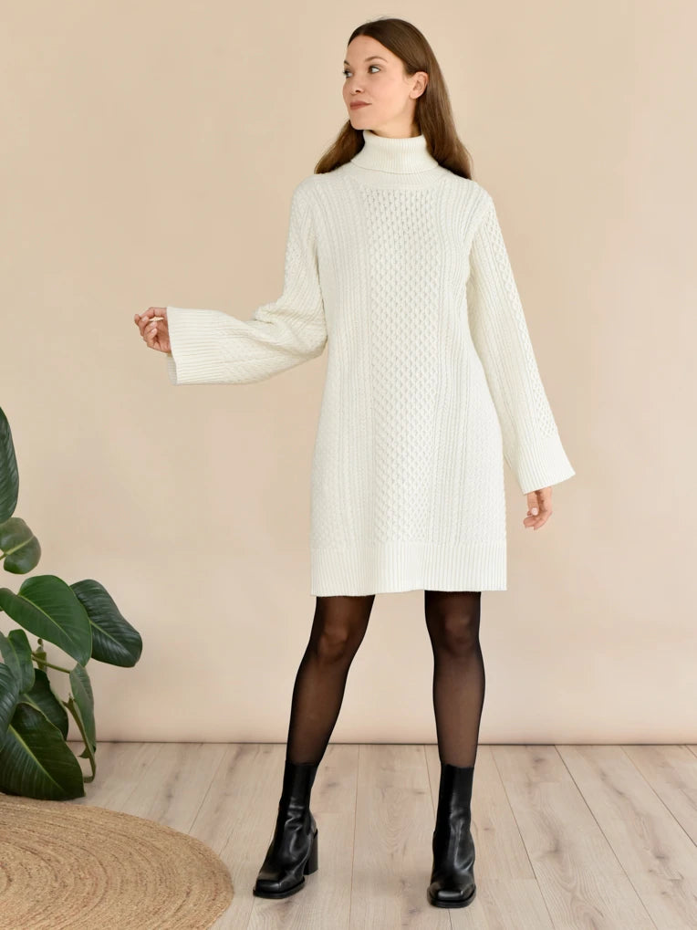 Ingrid Off White Cable Knit Sweater Dress