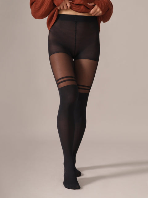 Double stripe over-the-knee tights in black, front view