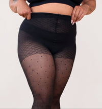 Front view highlighting the high-waisted Natural Smoothing Panty in plus size with signature honeycomb effect on the Polka Dot Tights in Black.