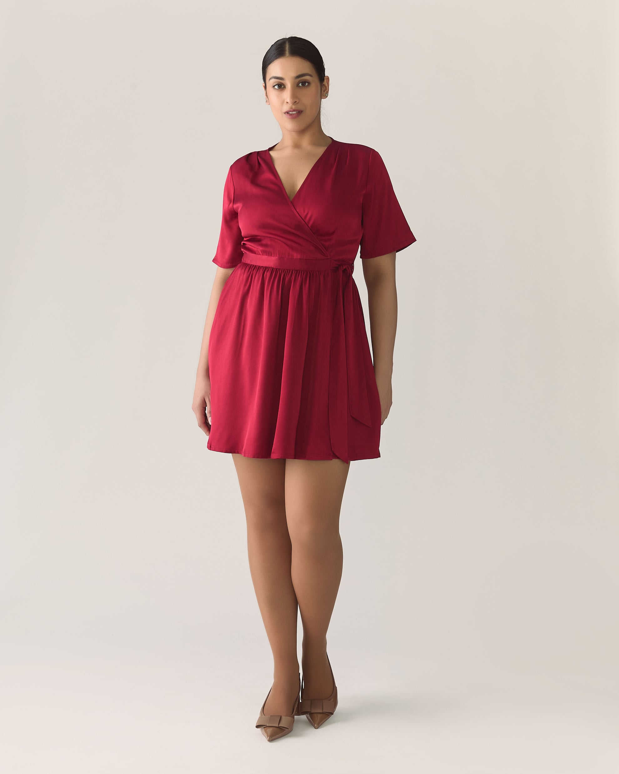 Wrap Satin Dress in Pomegranate Red