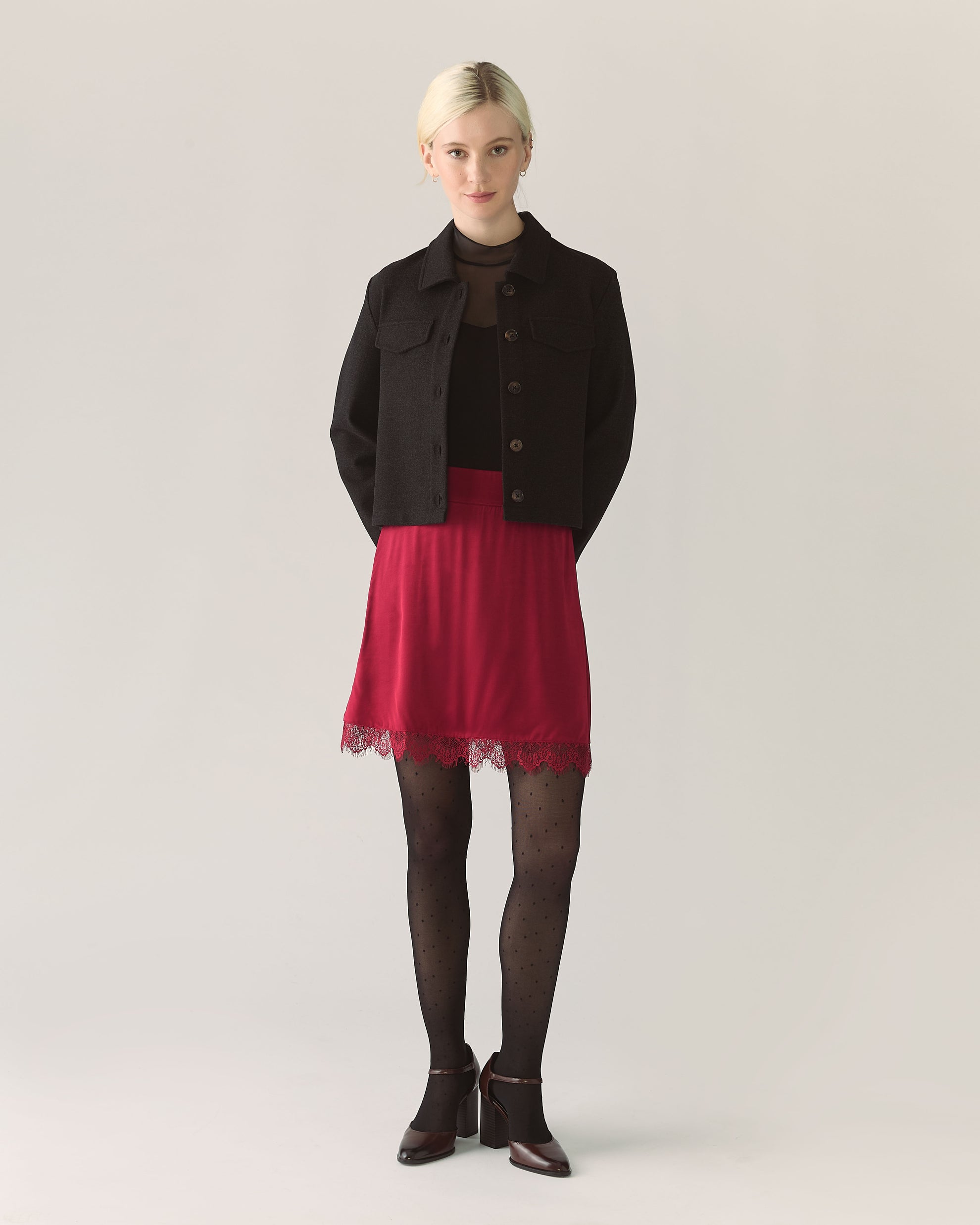 Lace Trim Satin Skirt in Pomegranate