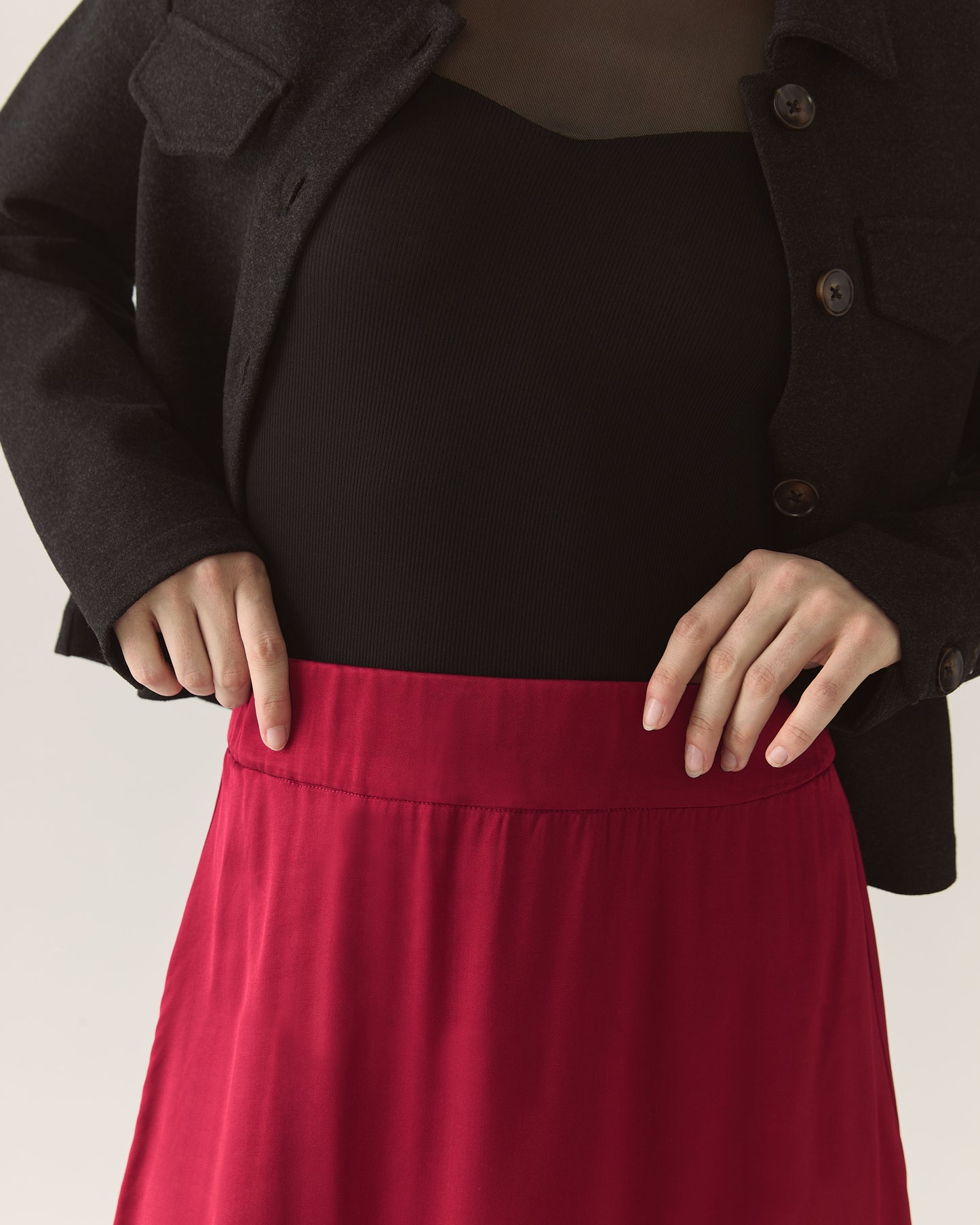 Lace Trim Satin Skirt in Pomegranate