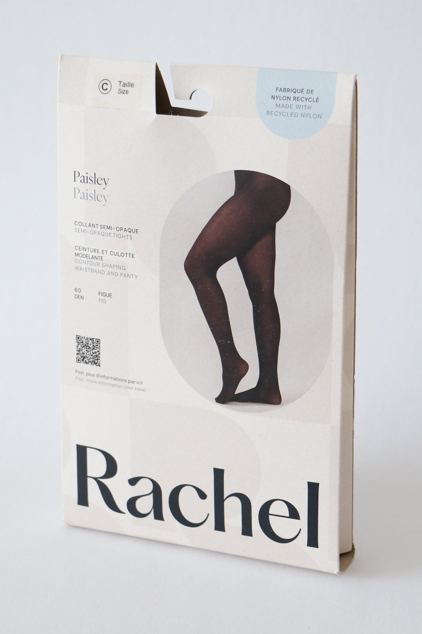 Packaging of 'Rachel' tights on a white background