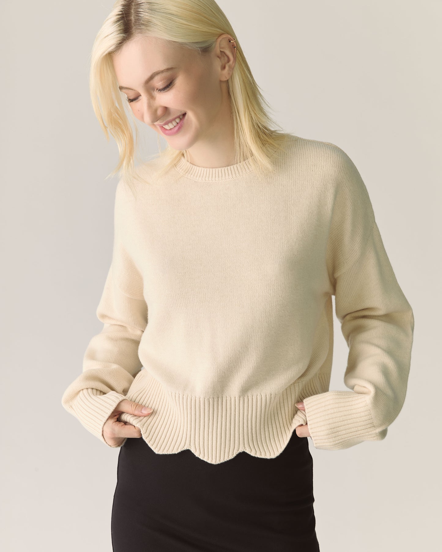 Pull à large rebord festonné Mérinos responsable - Crème fouettée