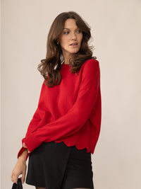Pull à large rebord festonné Mérinos responsable - Rouge marasquin