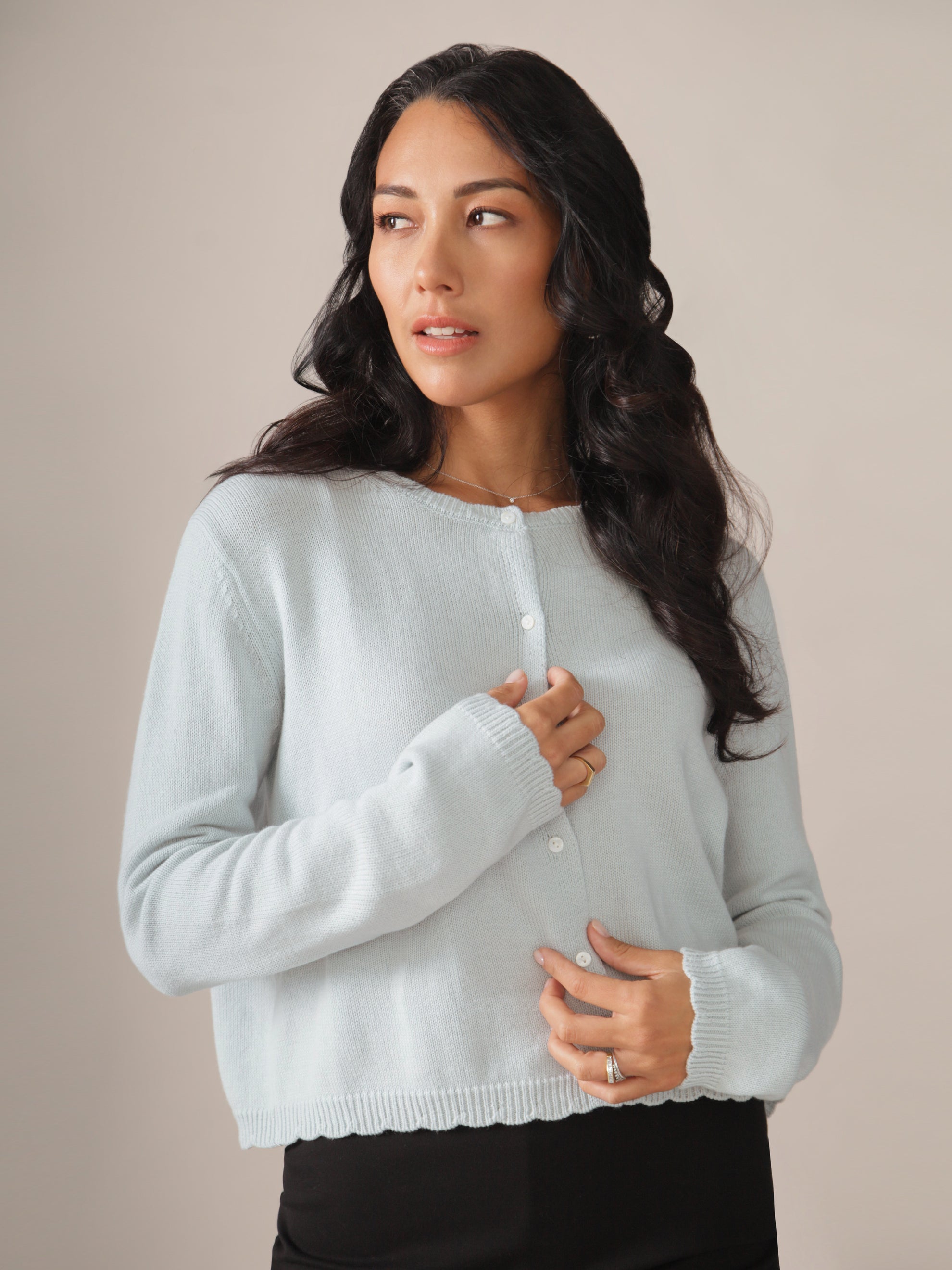 Scallop Detail Responsible Merino Cardigan in Ice