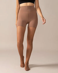 Front view close-up of the legs in the Sheer Shaping Tights 30D in Coffee, showing the sheer finish and shaping panty.