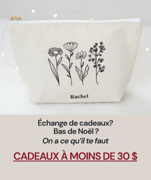 White pouch with floral designs and the name 'Rachel' on a light gray background.