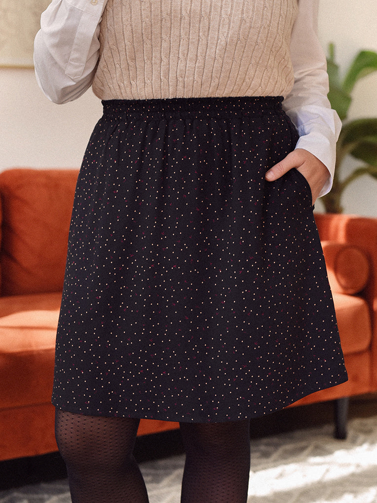 Black Mini Skirt with Dots & Leaves